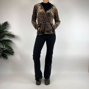 Vintage 90s Grunge Black Animal Print Indie Velvet Hoodie Jacket / Size: Small